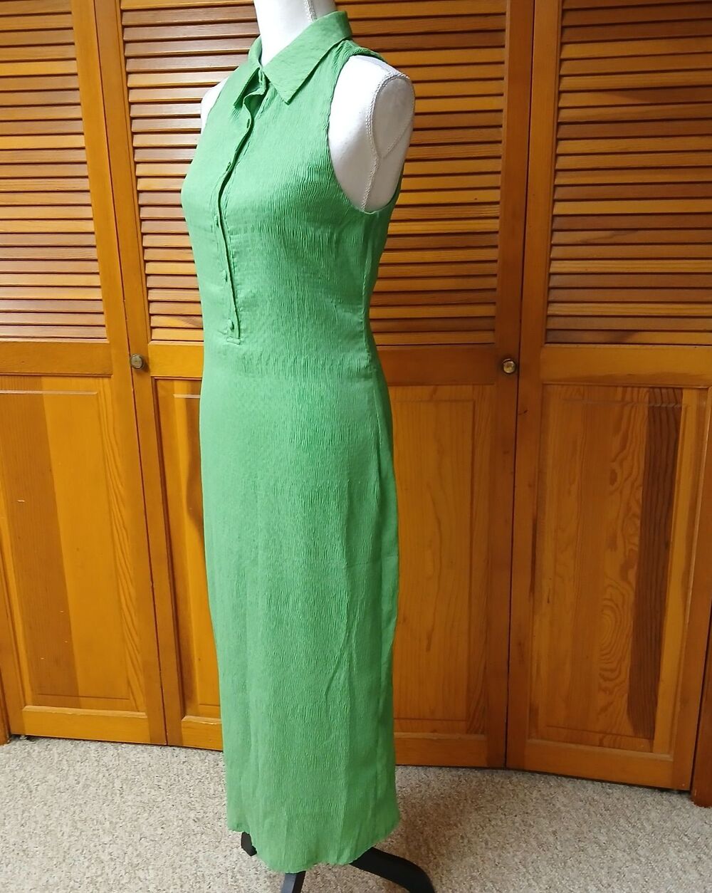 Camila Coelho Monica Crinkled Green Sleeveless Midi Shirt Dress Size Medium - Picture 8 of 12